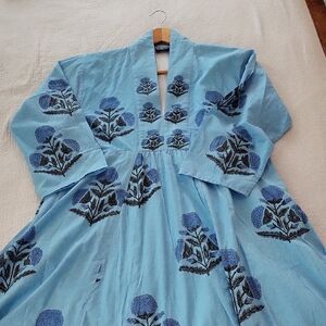 MADISON mathews Blue Blockprint Cotton Maxi Dress XL